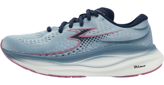 A light blue and white 361 Ventus 2 running shoe with navy blue laces, collar, and lining, accented with pink details on the logo, midsole edge, and outsole. The brand 'Primo' is visible on the heel area of the white midsole.