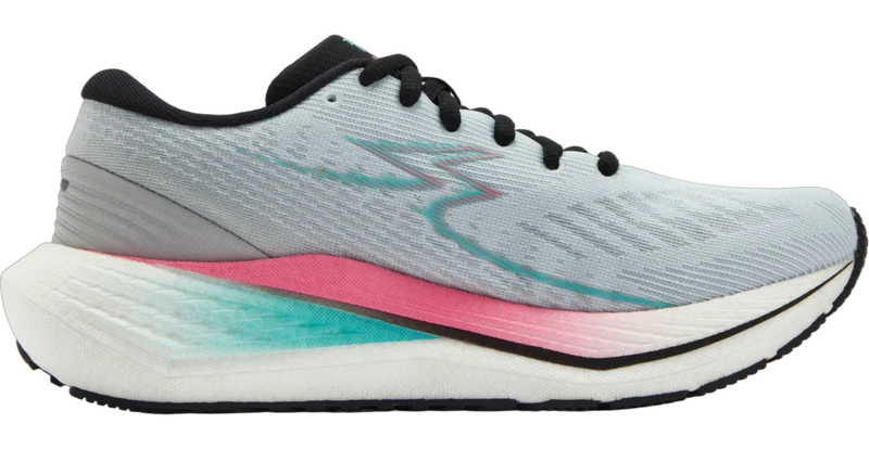 A light gray 361° Women's Kairos 4 running shoe with a white midsole featuring a pink and teal gradient, black laces, and a black outsole.