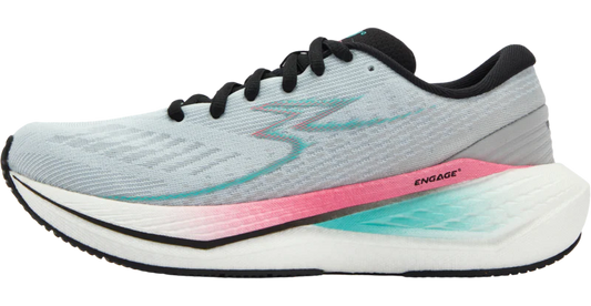 A light gray 361° Women's Kairos 4 running shoe with black laces, a black and white midsole, and pink and teal accents, shown from a side profile on a white background.