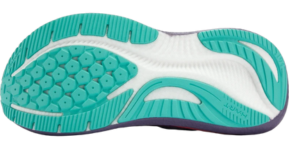 A close-up of a 361° Women's Kairos 4 shoe's outsole showing a teal and white cushioned design with a purple edge.