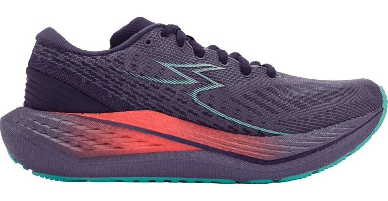 A dark purple 361° Women's Kairos 4 running shoe with a teal logo, a bright orange midsole accent, and a teal outsole, shown against a plain white background.