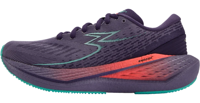 A single 361° Women's Kairos 4 running shoe shown in a side profile view on a white background. The upper is a dark purple mesh, with a prominent teal logo and a bright coral-red midsole section.