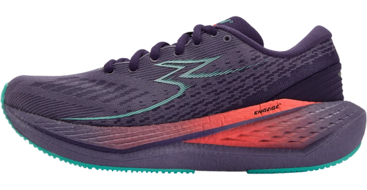 A single 361° Women's Kairos 4 running shoe shown in a side profile view on a white background. The upper is a dark purple mesh, with a prominent teal logo and a bright coral-red midsole section.