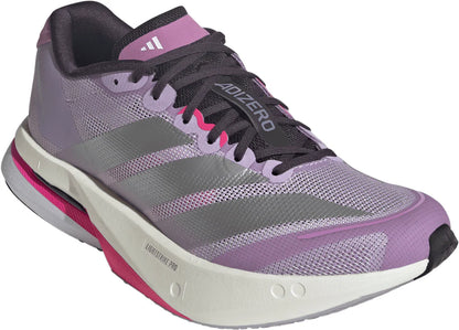 Adidas Adizero running shoe with purple and gray design on a white background
