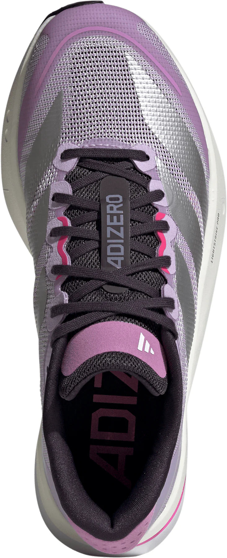 Gray and purple running shoe with 'Adizero' branding on a white background