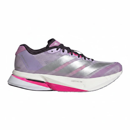 Adidas running shoe with purple, white, and pink design on a white background