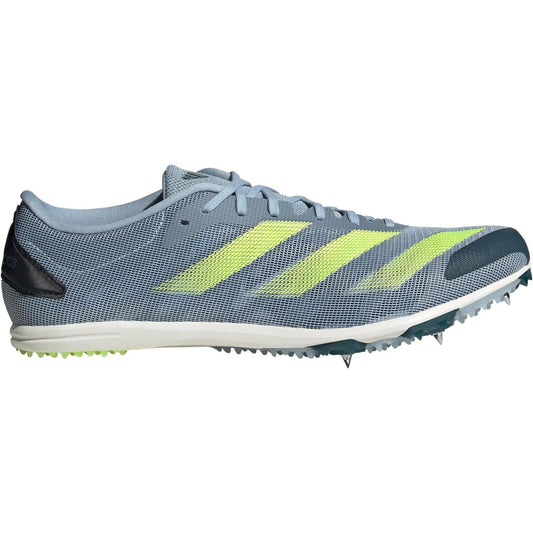 Blue running shoe with green stripes on a white background