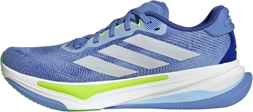 Blue and green running shoe with Adidas logo on a white background