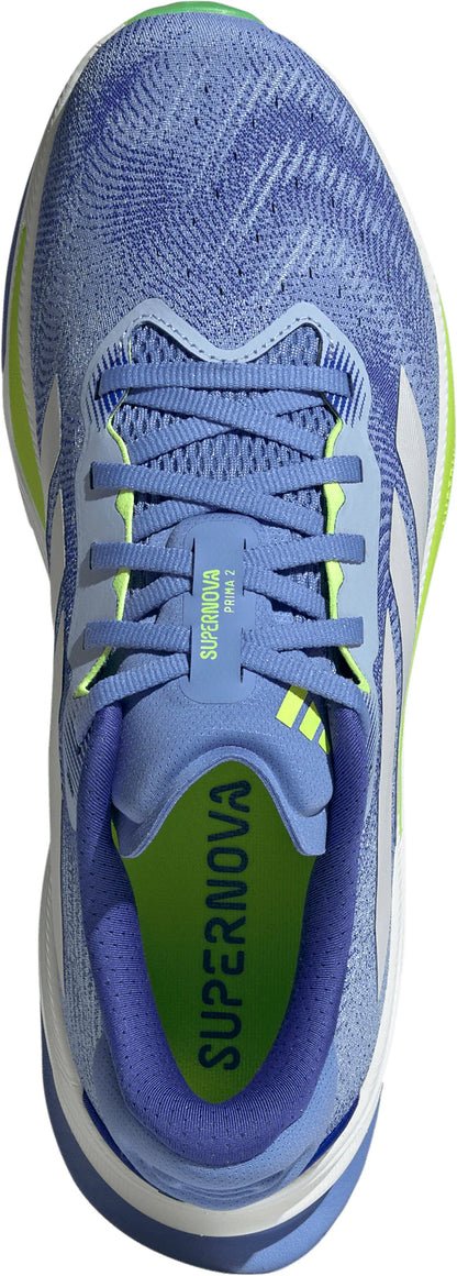 Blue running shoe with neon green accents and 'Supernova' branding.