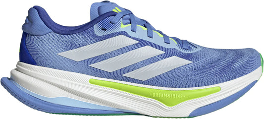 Blue running shoe with white stripes and green accents on a white background