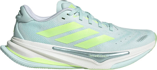 Light blue running shoe with green accents on a white background