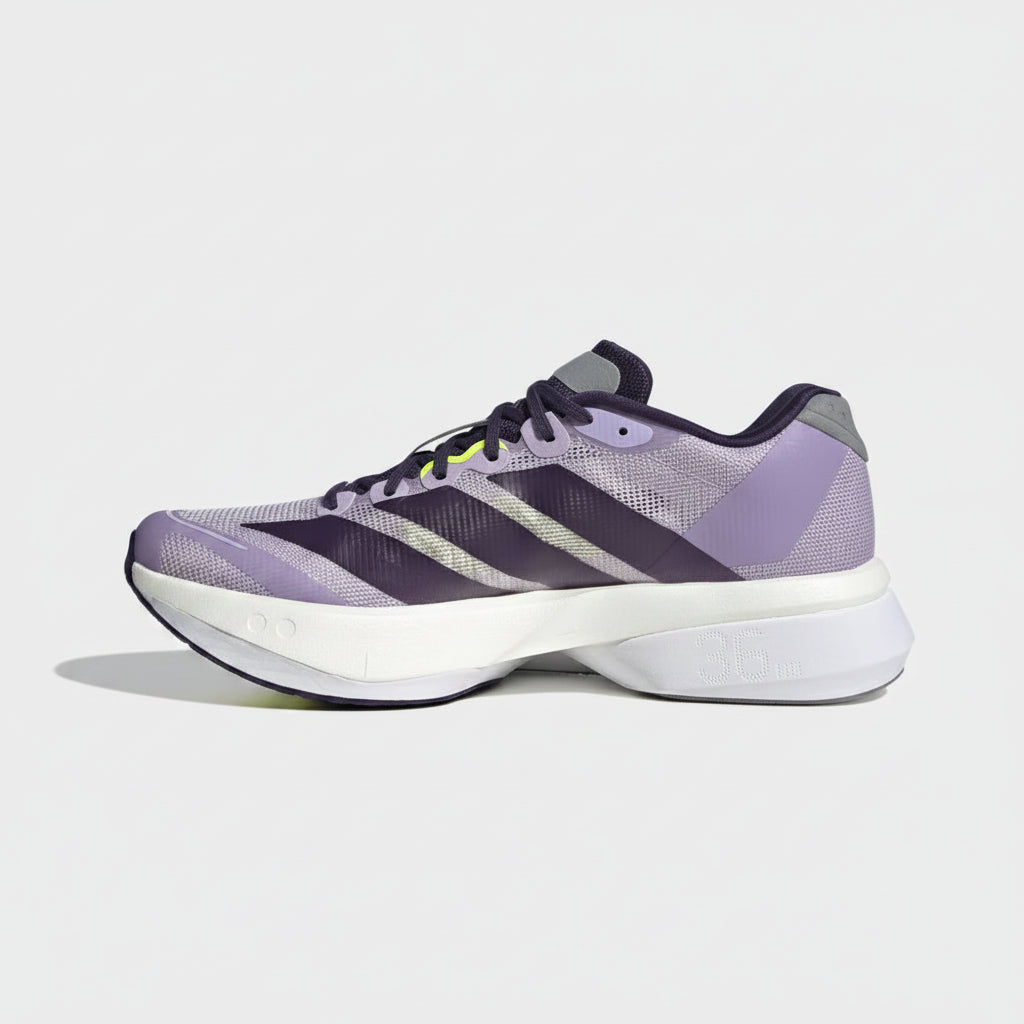 Purple Adidas sneaker on a light gray background