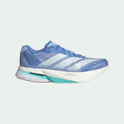 Blue and white running shoe with Adidas logo on a light gray background