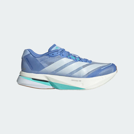 Blue and white running shoe with Adidas logo on a light gray background