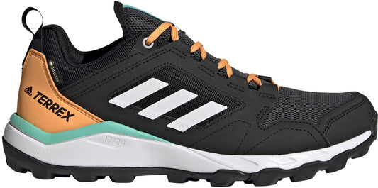 Black Adidas Terrex hiking shoe with orange accents on a white background
