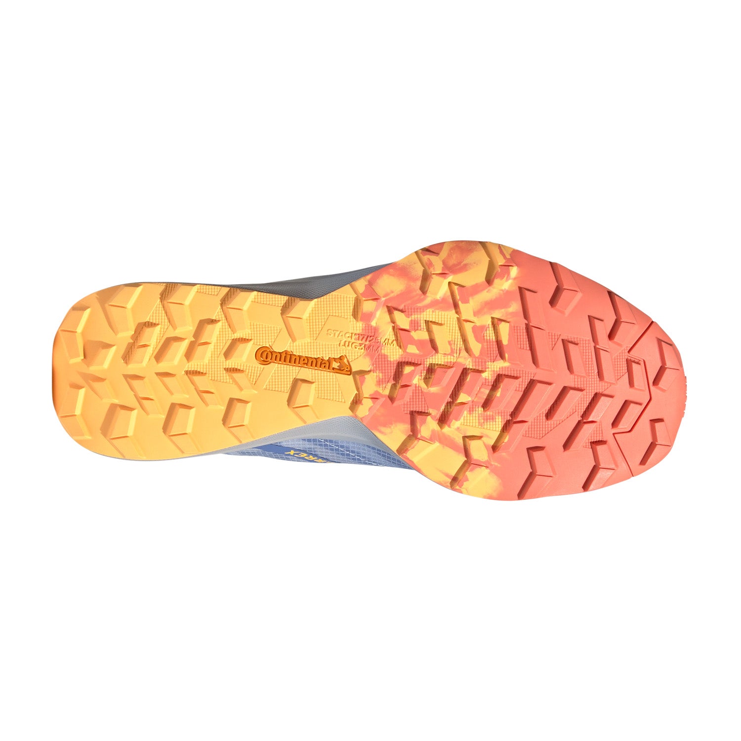 Close-up of a shoe sole with orange and pink tread pattern on a white background