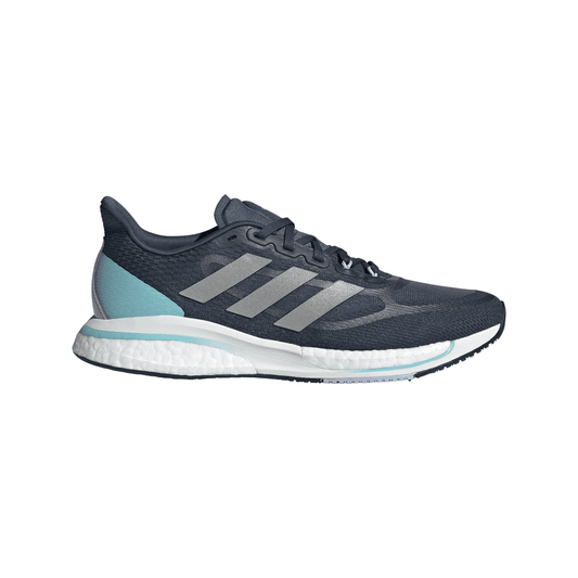 Adidas running shoe with blue and gray design on a white background