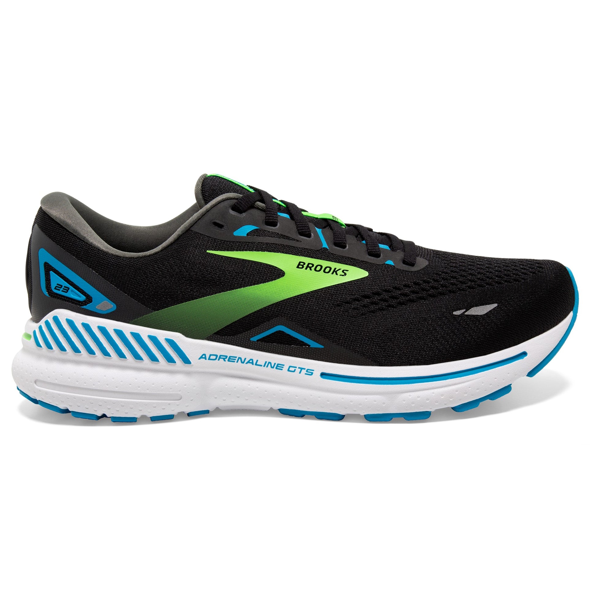 Brooks Adrenaline GTS 23 men's stability shoe, black, green, blue