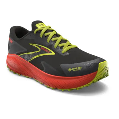 Brooks men's Divide 5 GTX black red, yellow front angled view