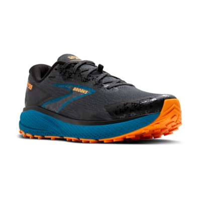 Brooks Divide 5 men's multi terrain running shoe, blue, orange, dark grey angled front side view