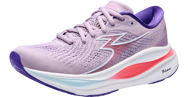 Purple running shoe with pink and blue accents on a white background