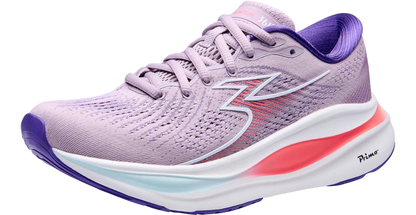 Purple running shoe with pink and blue accents on a white background