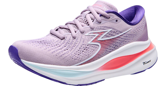 Purple running shoe with pink and blue accents on a white background