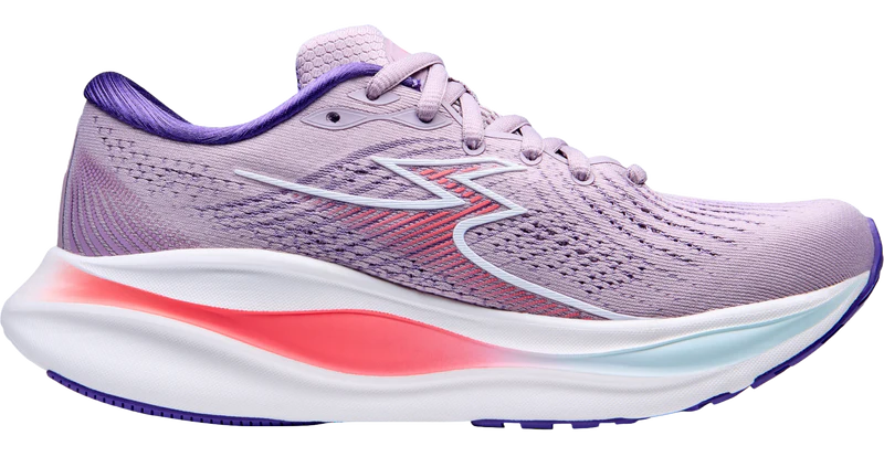 Purple running shoe with a white sole on a white background