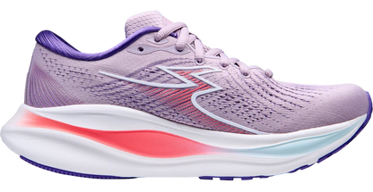 Purple running shoe with a white sole on a white background