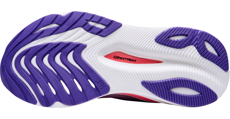 Close-up of a running shoe sole with purple and white pattern on a white background