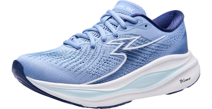 Blue running shoe with white sole on a white background