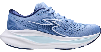 Blue running shoe with a white sole on a white background