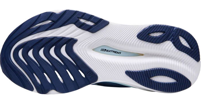 Close-up of a running shoe sole with blue and white design on a white background