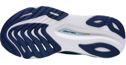 Close-up of a running shoe sole with blue and white design on a white background