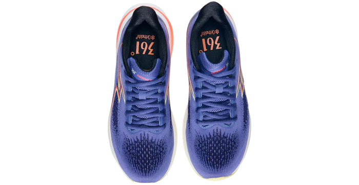 Pair of blue running shoes with visible branding on a white background