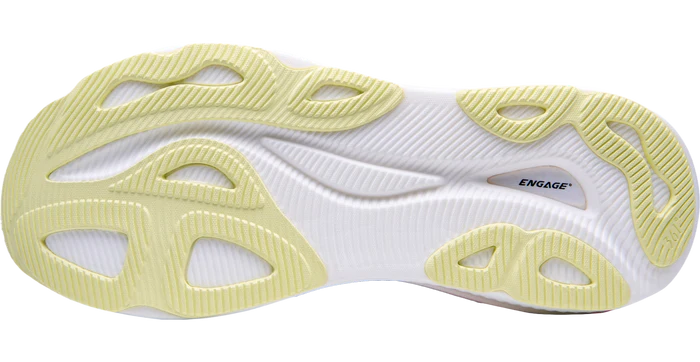 Close-up of a white and yellow athletic shoe sole with 'Engage' branding.
