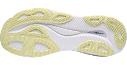 Close-up of a white and yellow athletic shoe sole with 'Engage' branding.