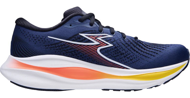 Blue running shoe with white, orange, and yellow sole on a white background