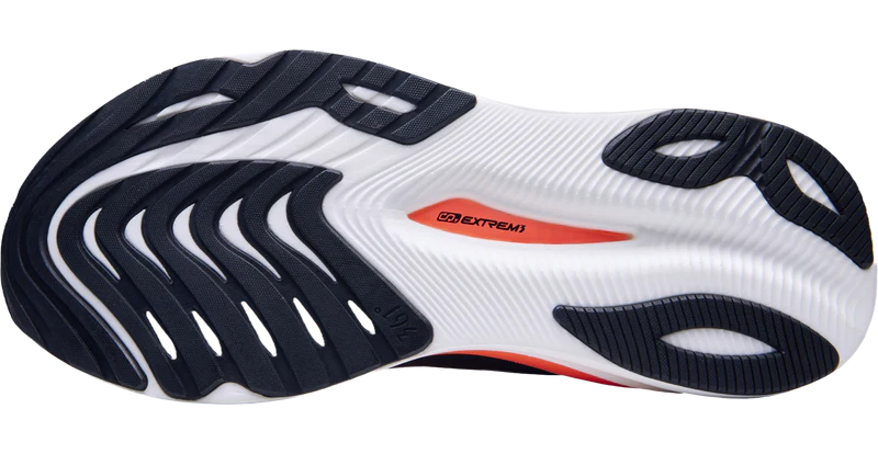 Sole of a running shoe with black and white design on a white background