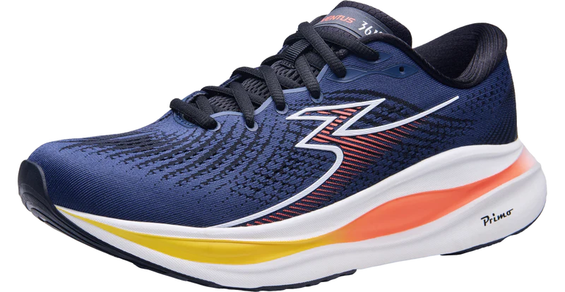 Blue running shoe with colorful accents on a white background