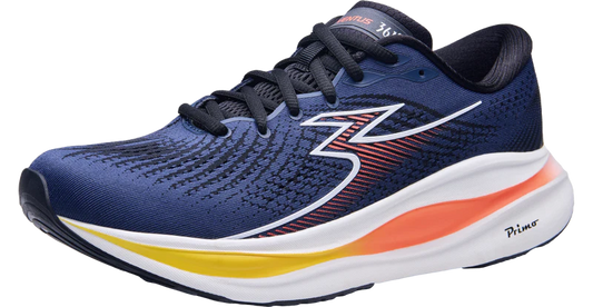 Blue running shoe with colorful accents on a white background