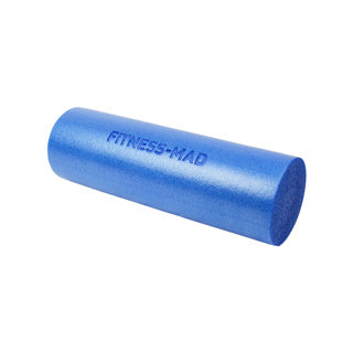Blue foam roller with 'Fitness-Mad' branding on a white background