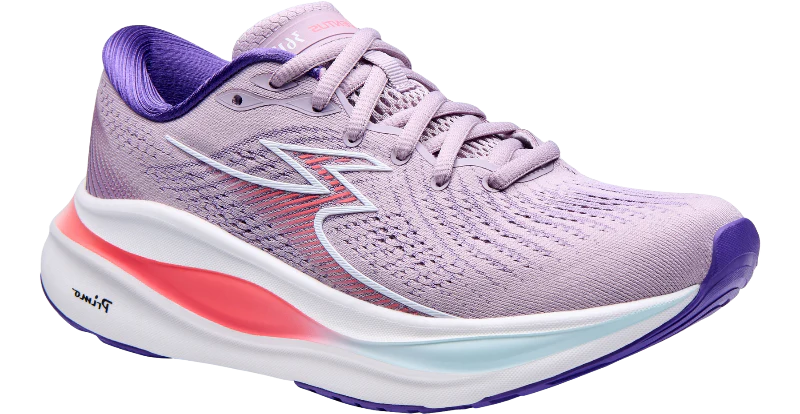 Purple running shoe with a white sole on a white background