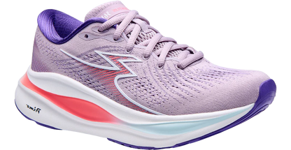Purple running shoe with a white sole on a white background