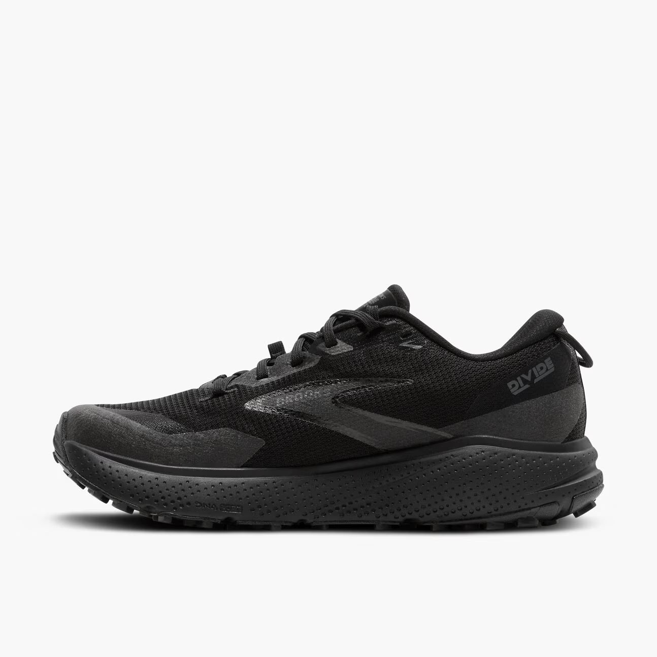 Black running shoe on a white background