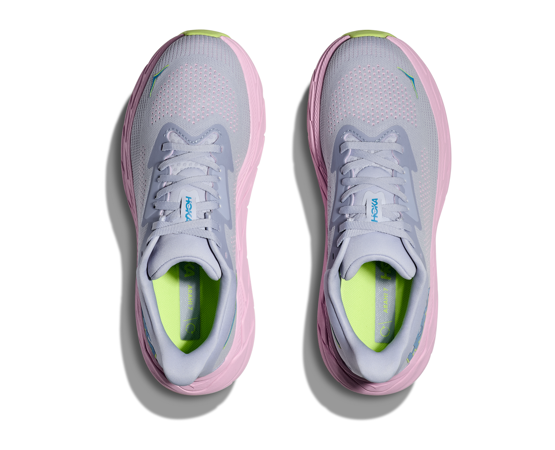 Hoka Arahi 7 women's stability running shoe gray and pink top view pair