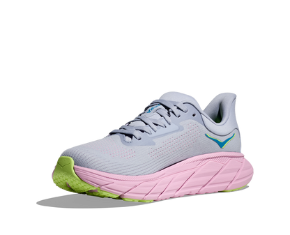 Hoka Arahi 7 women's stability running shoe gray and pink angled medial front view