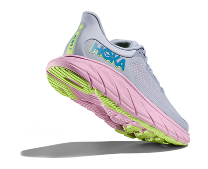 Hoka Arahi 7 women's stability running shoe gray and pink raised heel angled rear view