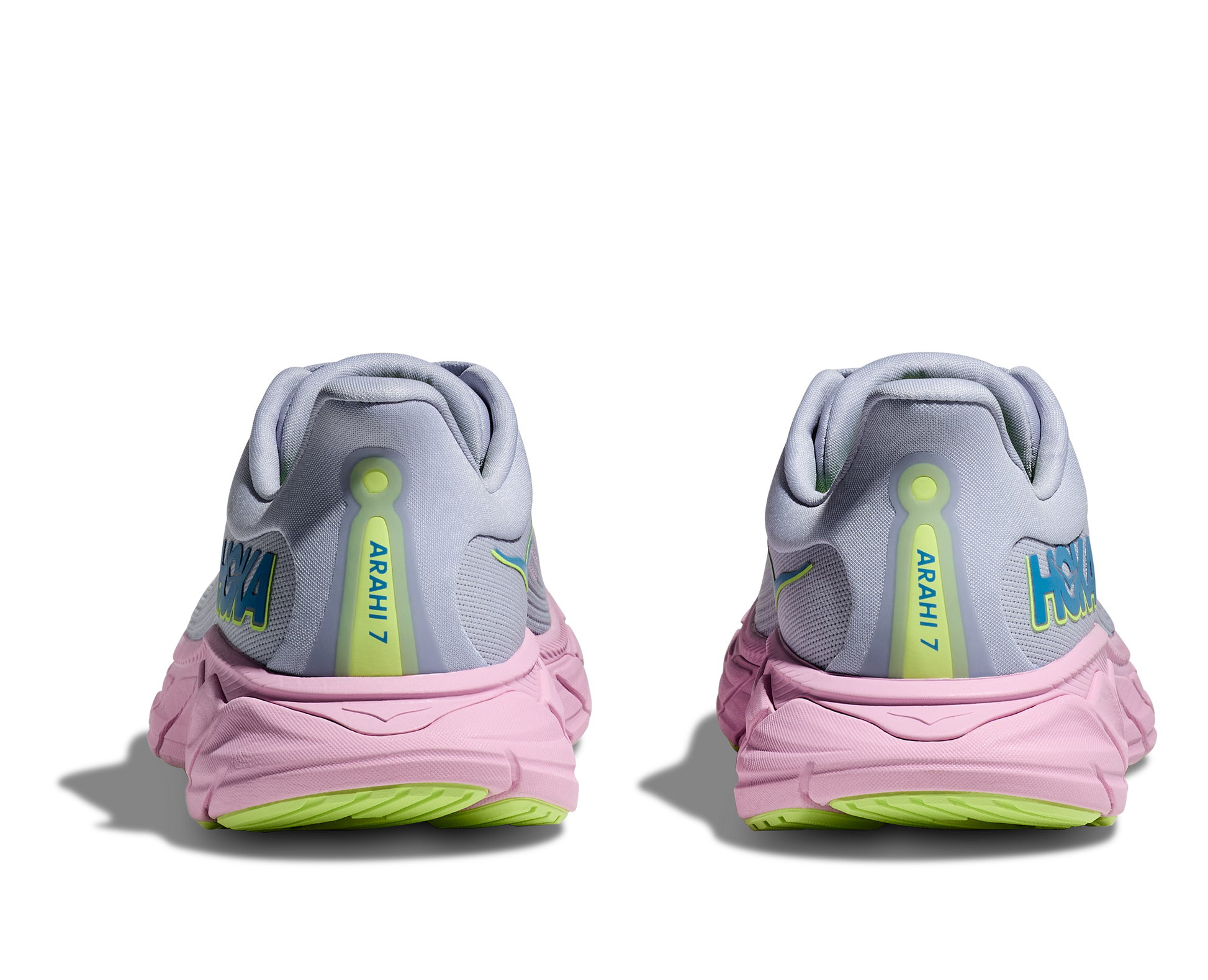 Hoka Arahi 7 women's stability running shoe gray and pink rear view pair