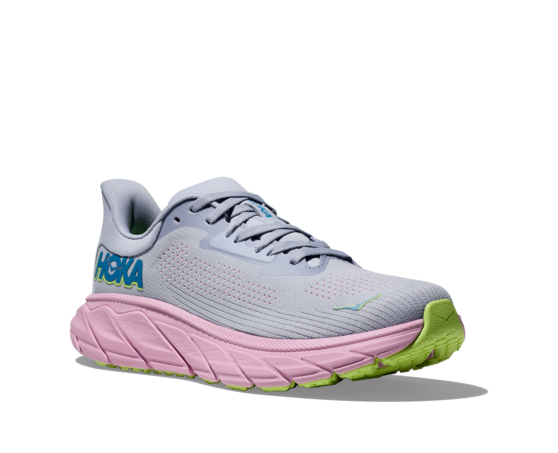 Hoka Arahi 7 women's stability running shoe gray and pink front angled side view